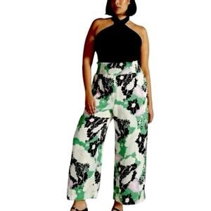 Maeve Pants Wide Leg Pockets Green Black Purple Floral Satin Women’s Size Large